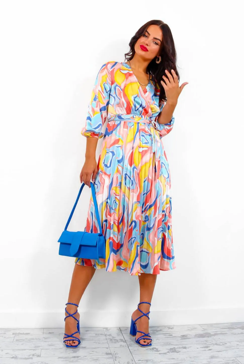 Give Me A Swirl - Blue Coral Pleated Midi Dress