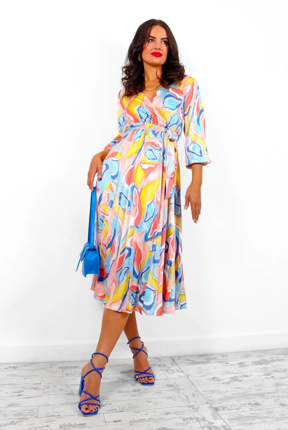 Give Me A Swirl - Blue Coral Pleated Midi Dress