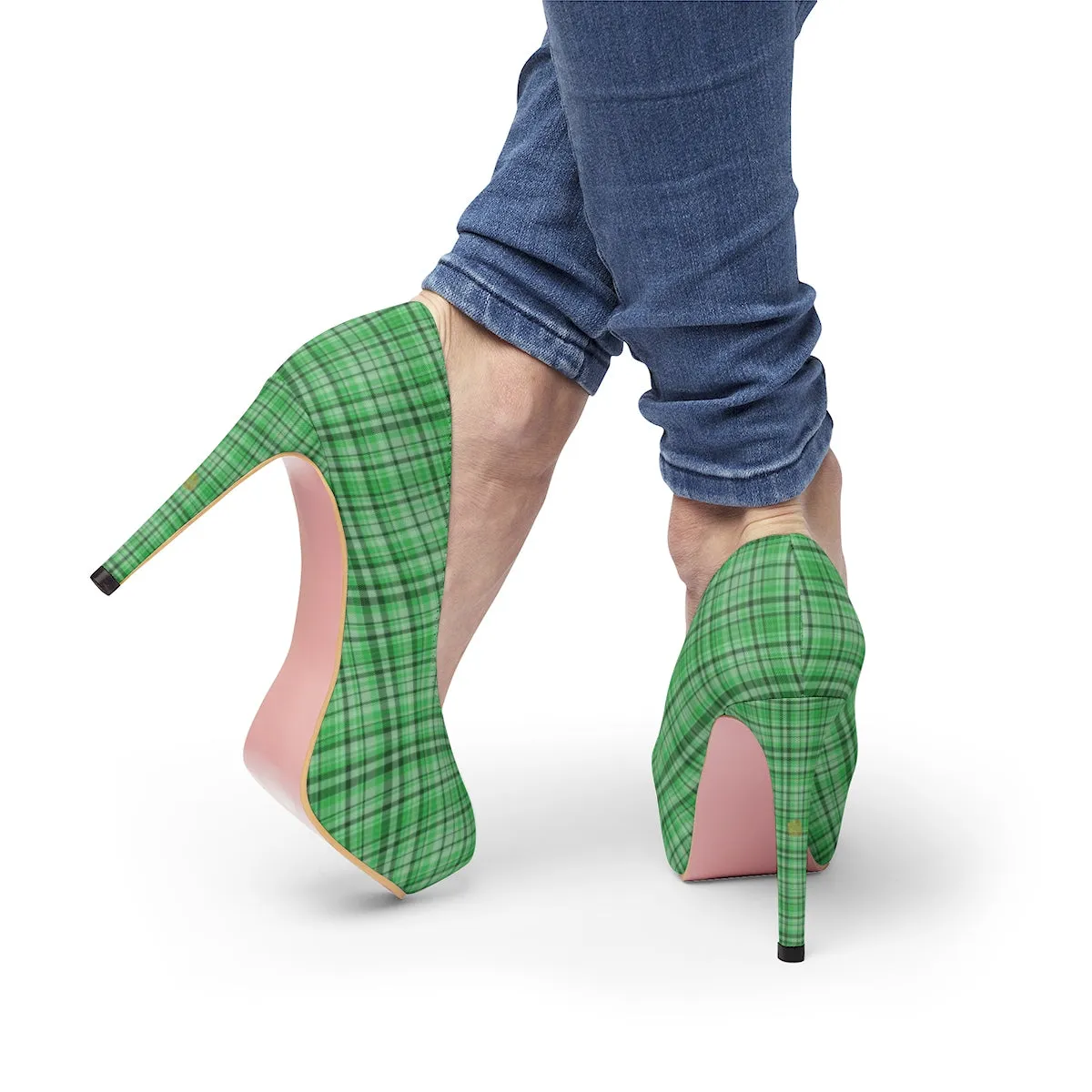 Green Plaid Scottish Tartan Print Women's Platform Heels Stiletto Pumps (US Size: 5-11)