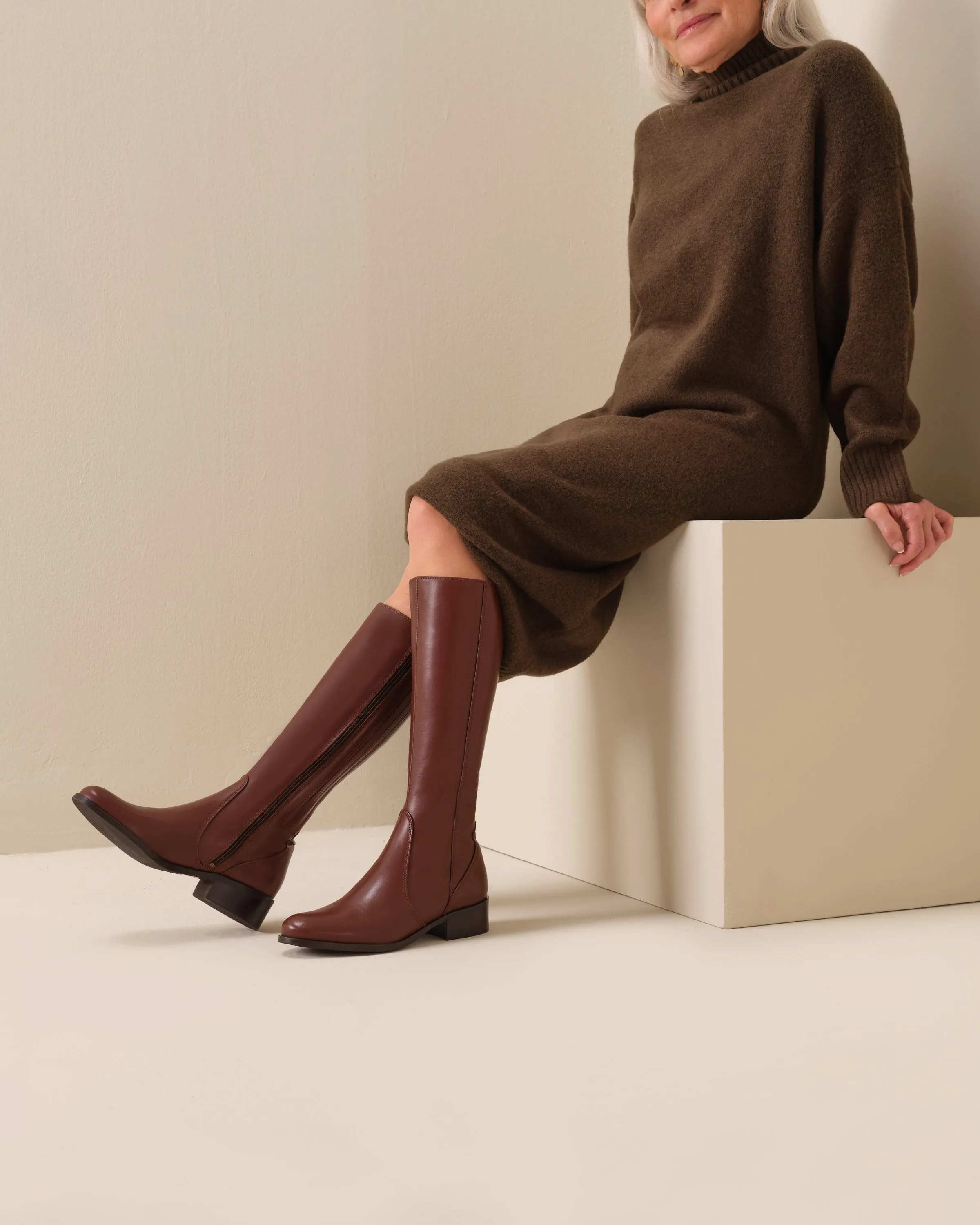 Haltham Petite Knee High Boots in Brown Leather