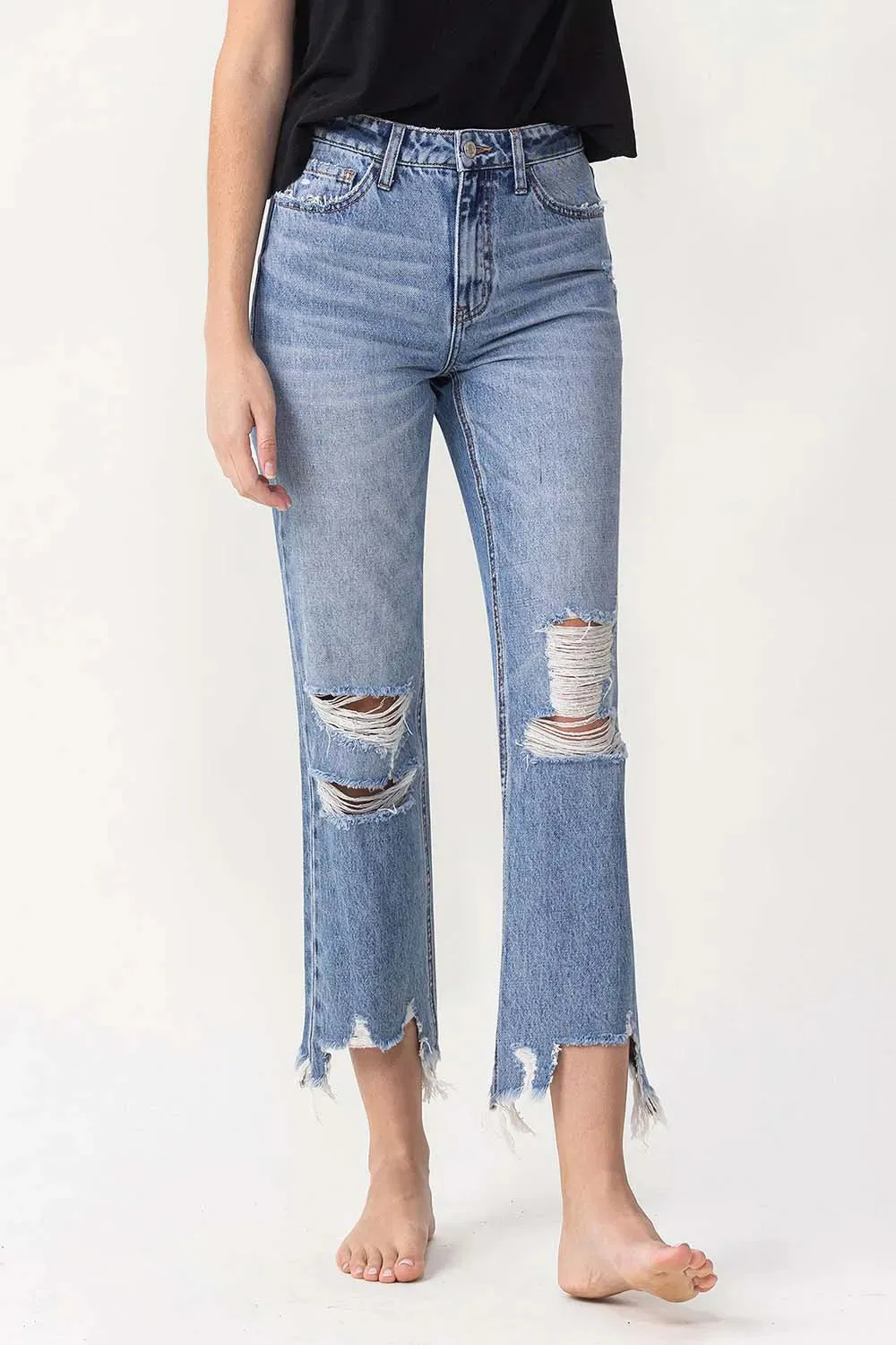 High Rise Distressed Straight Jeans