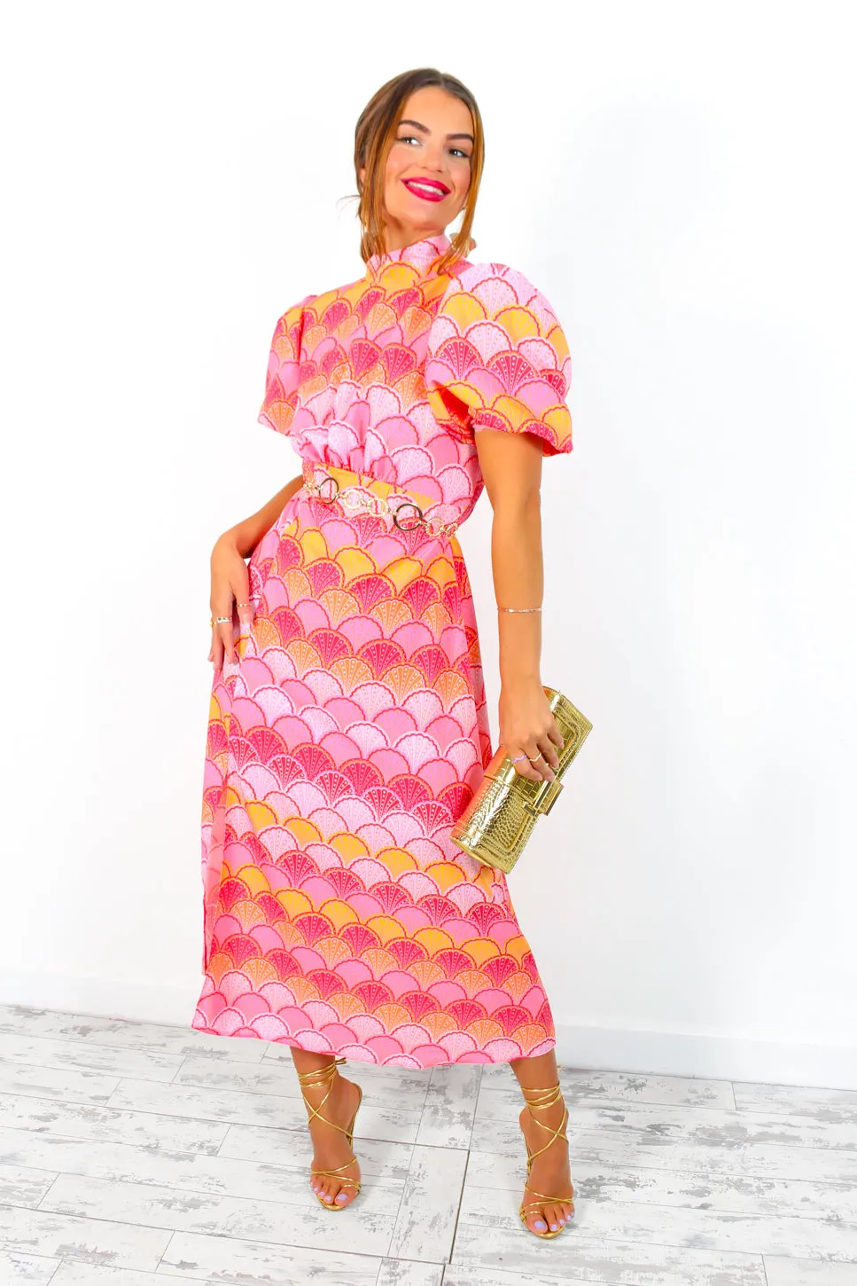 If I Were You - Pink Orange Shell Print Puff Sleeve Midi Dress