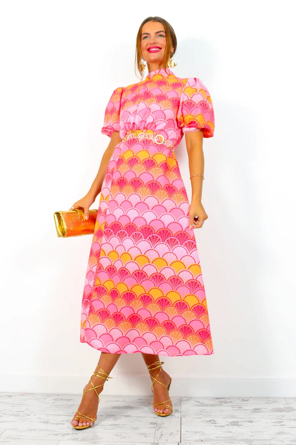 If I Were You - Pink Orange Shell Print Puff Sleeve Midi Dress