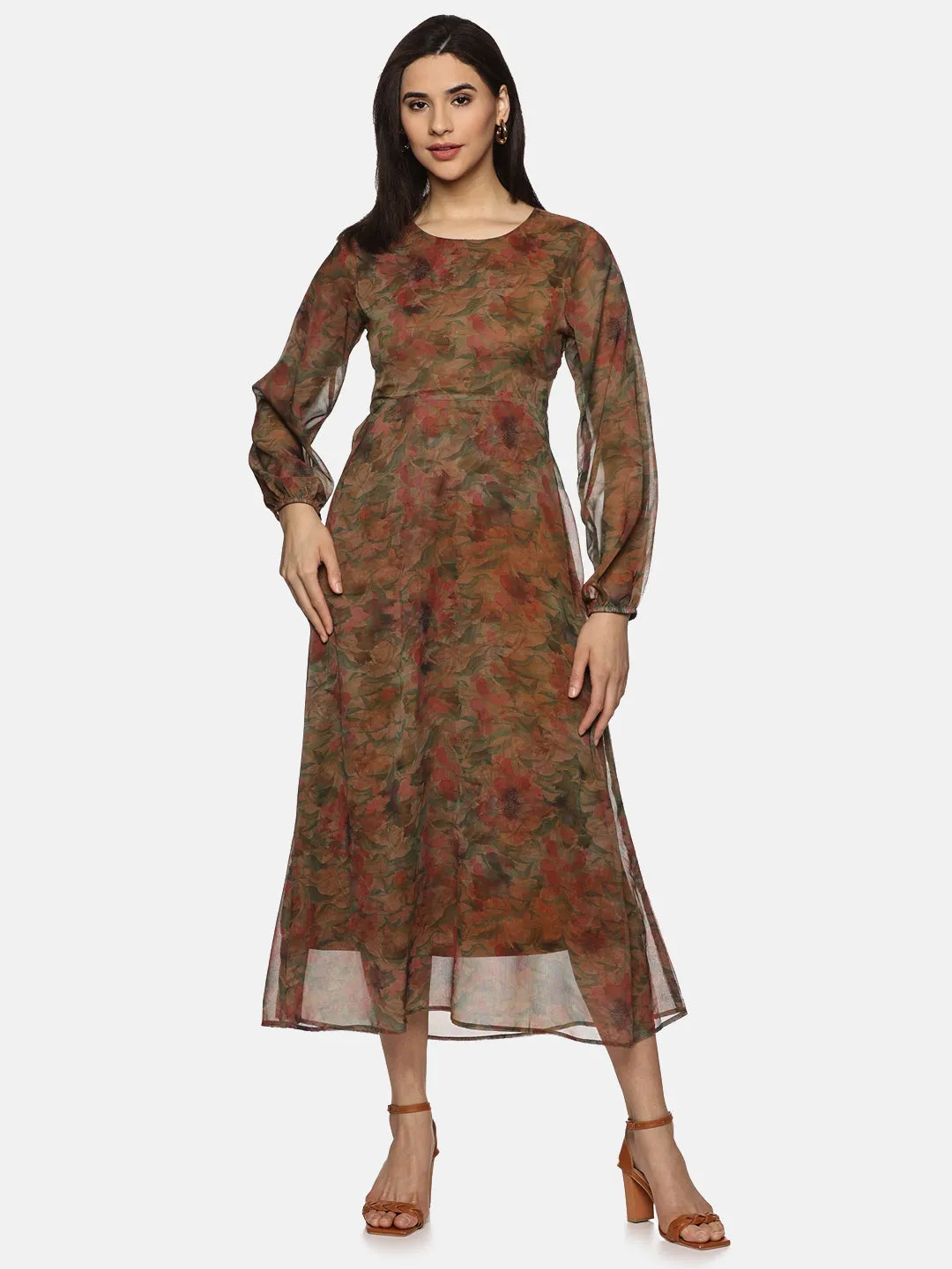 IS.U Floral Brown Cut Out Midaxi Dress