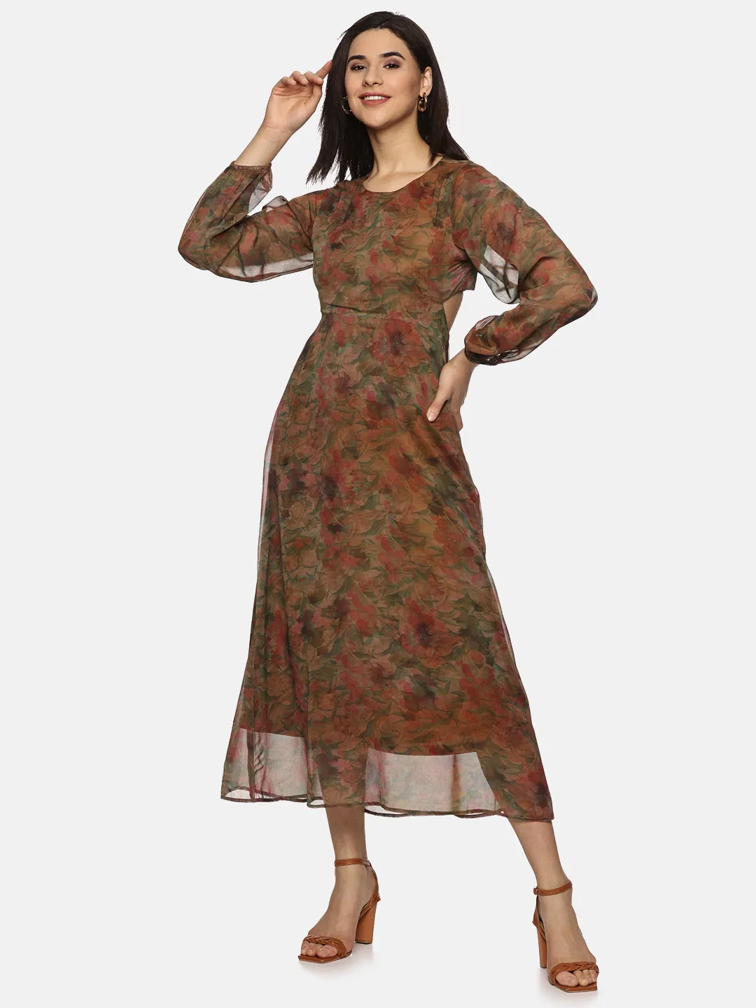 IS.U Floral Brown Cut Out Midaxi Dress