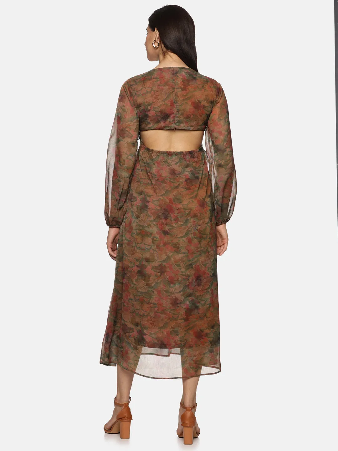 IS.U Floral Brown Cut Out Midaxi Dress