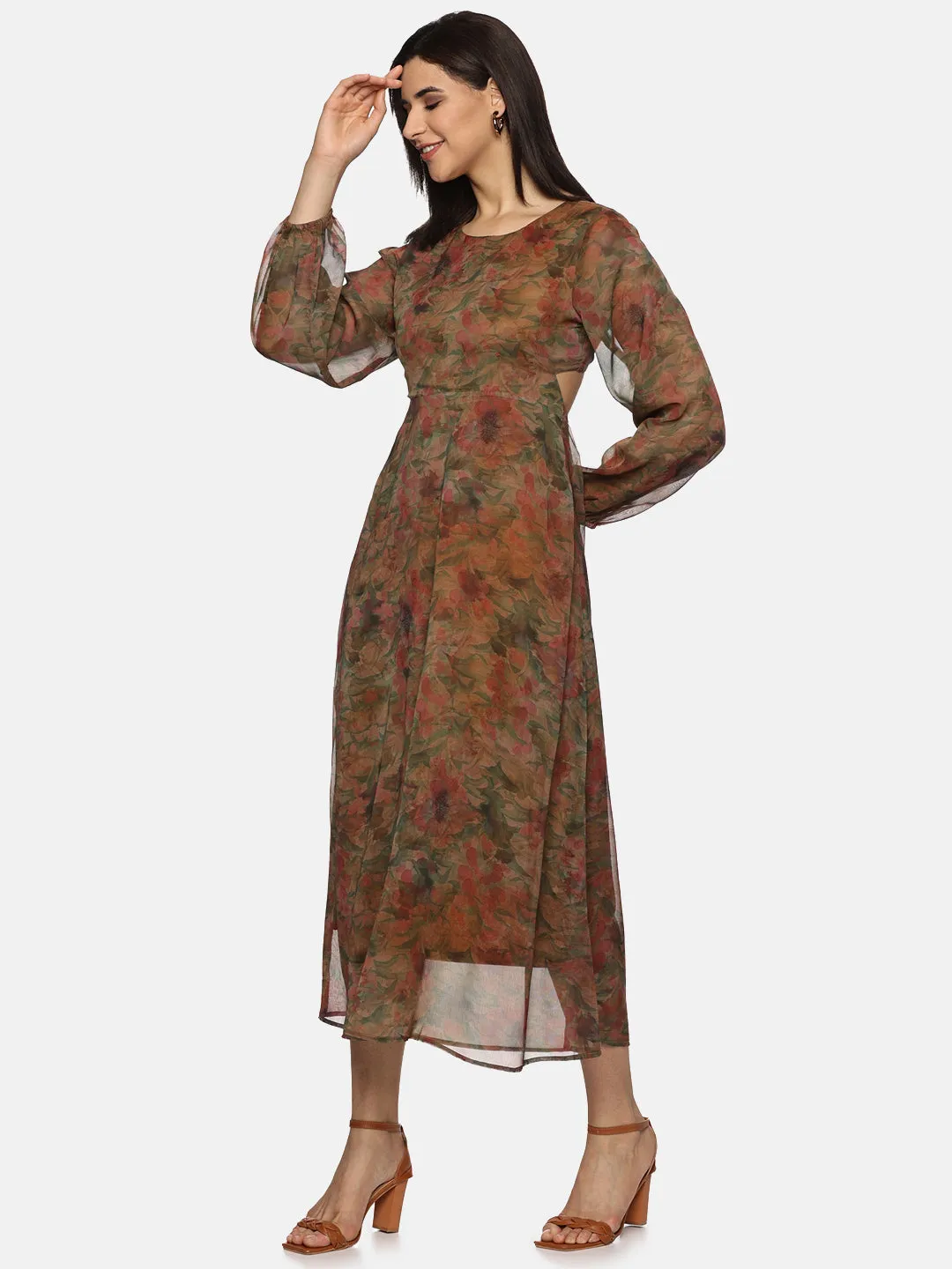 IS.U Floral Brown Cut Out Midaxi Dress