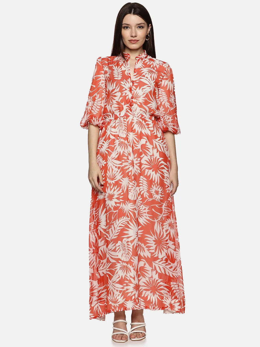 IS.U Floral Red Printed Baloon Sleeve Dress