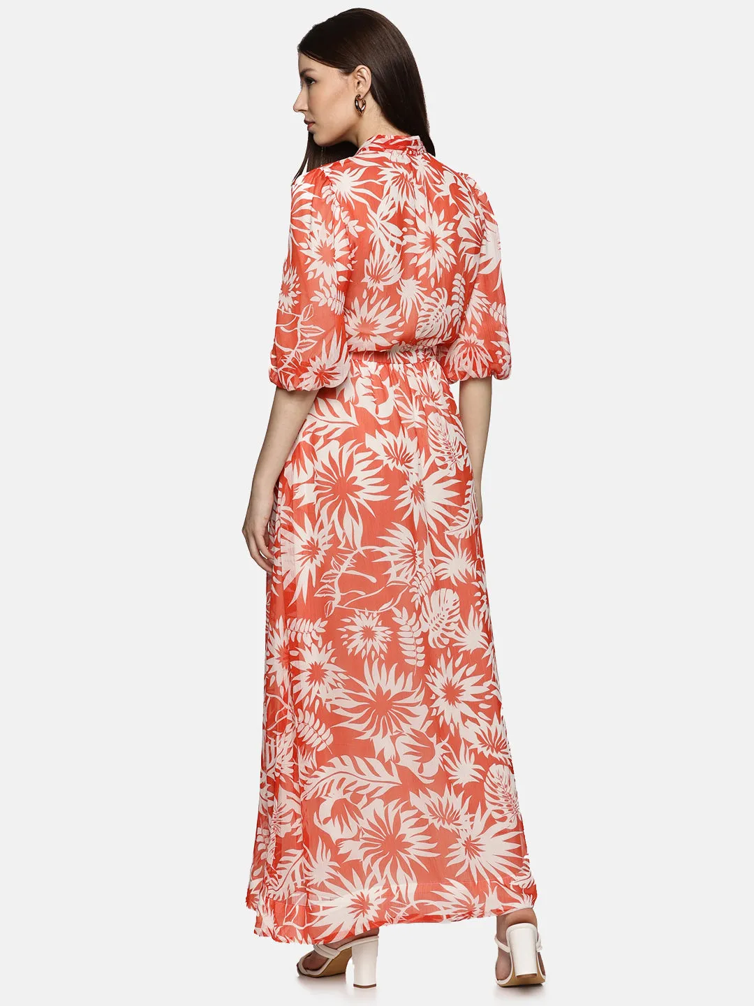 IS.U Floral Red Printed Baloon Sleeve Dress