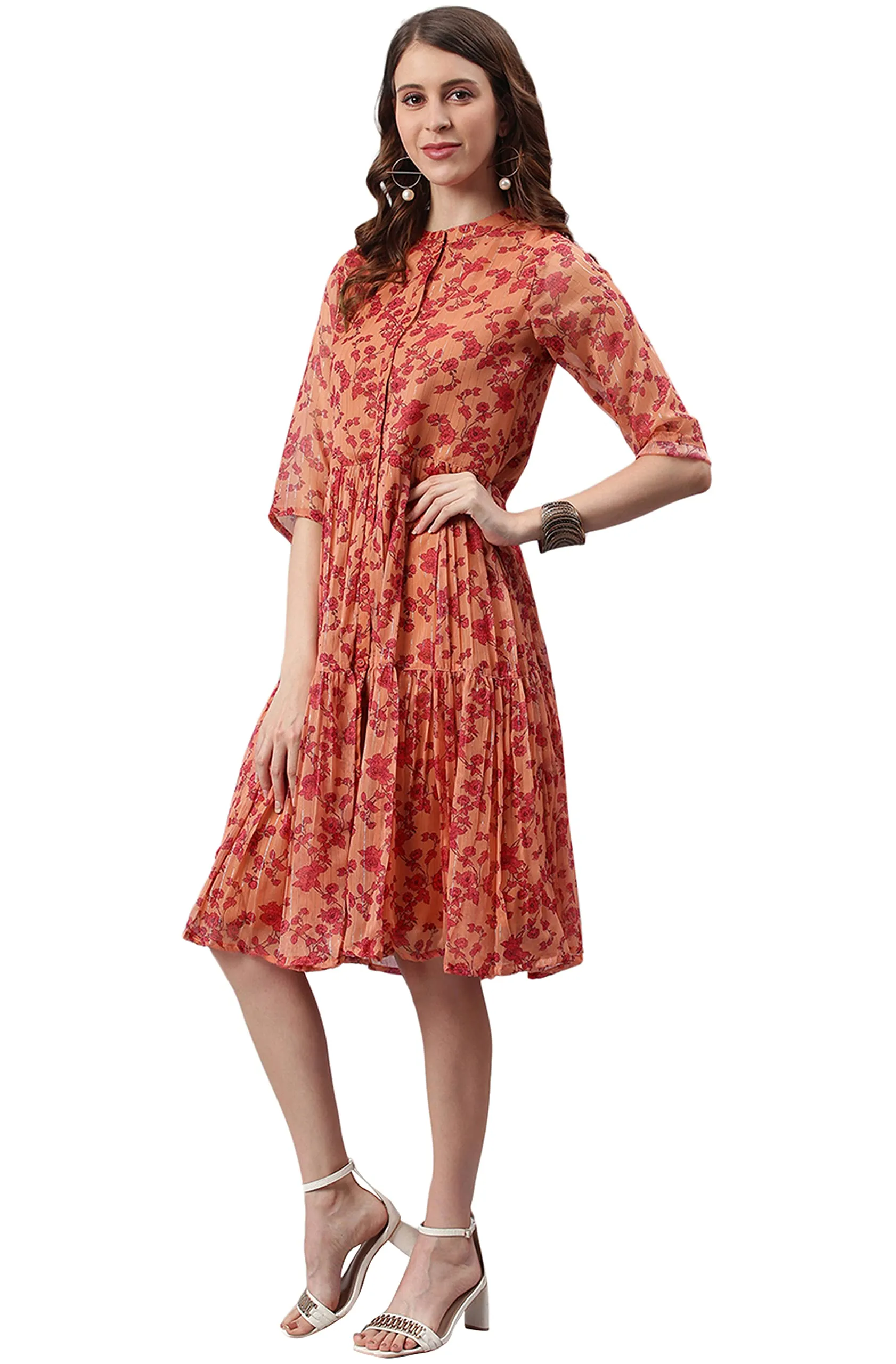 Janasya Women's Orange Poly Georgette Floral Flared Western Dress(J0335-DR-M)