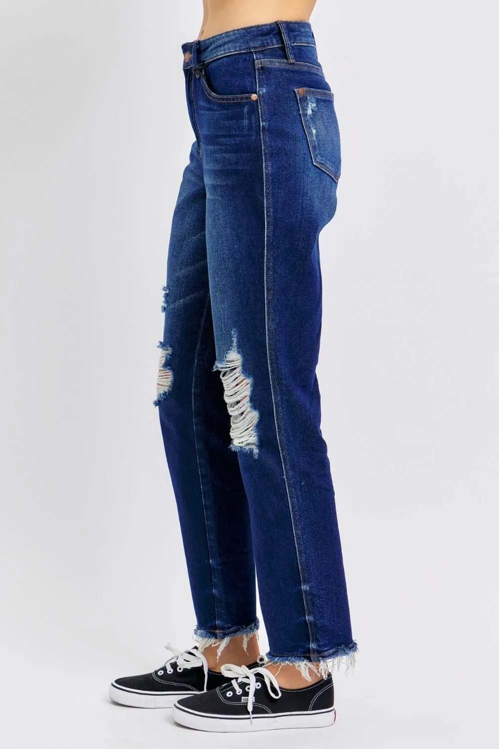 Judy Blue High Waist Rigid Magic Heavy Destroy Straight Jeans in Dark Wash