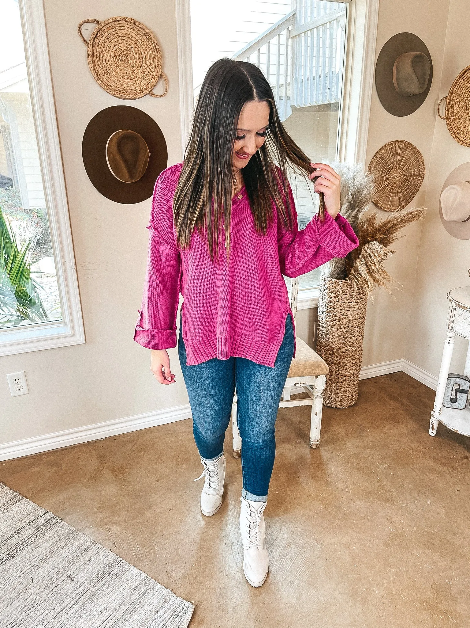 Latte Kinda Day Henley V Neck Sweater with Wide Sleeves in Magenta