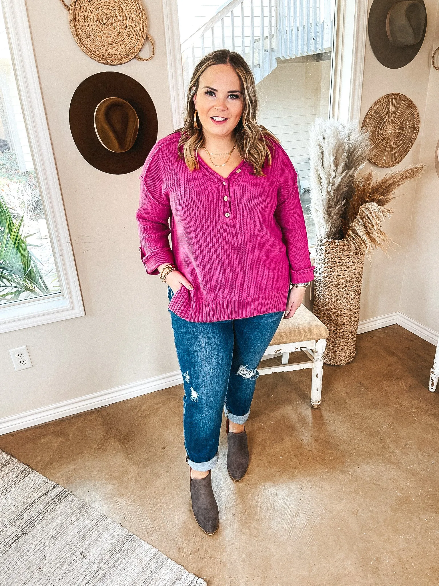 Latte Kinda Day Henley V Neck Sweater with Wide Sleeves in Magenta