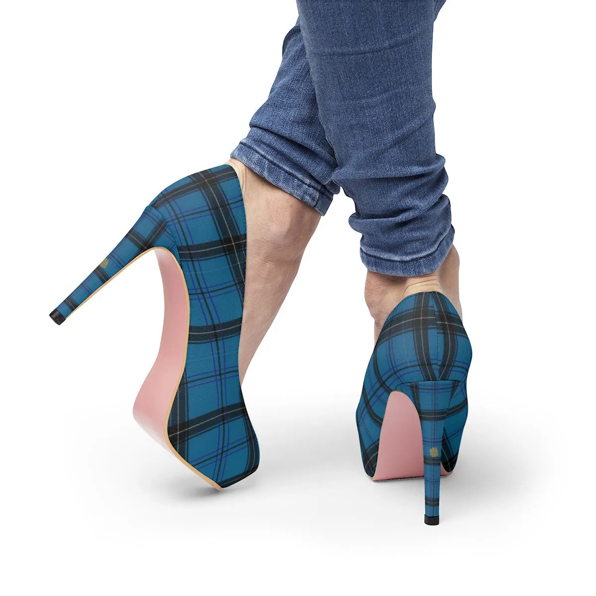 Light Blue Tartan Scottish Plaid Print Women's Platform Heels Pumps (US Size: 5-11)