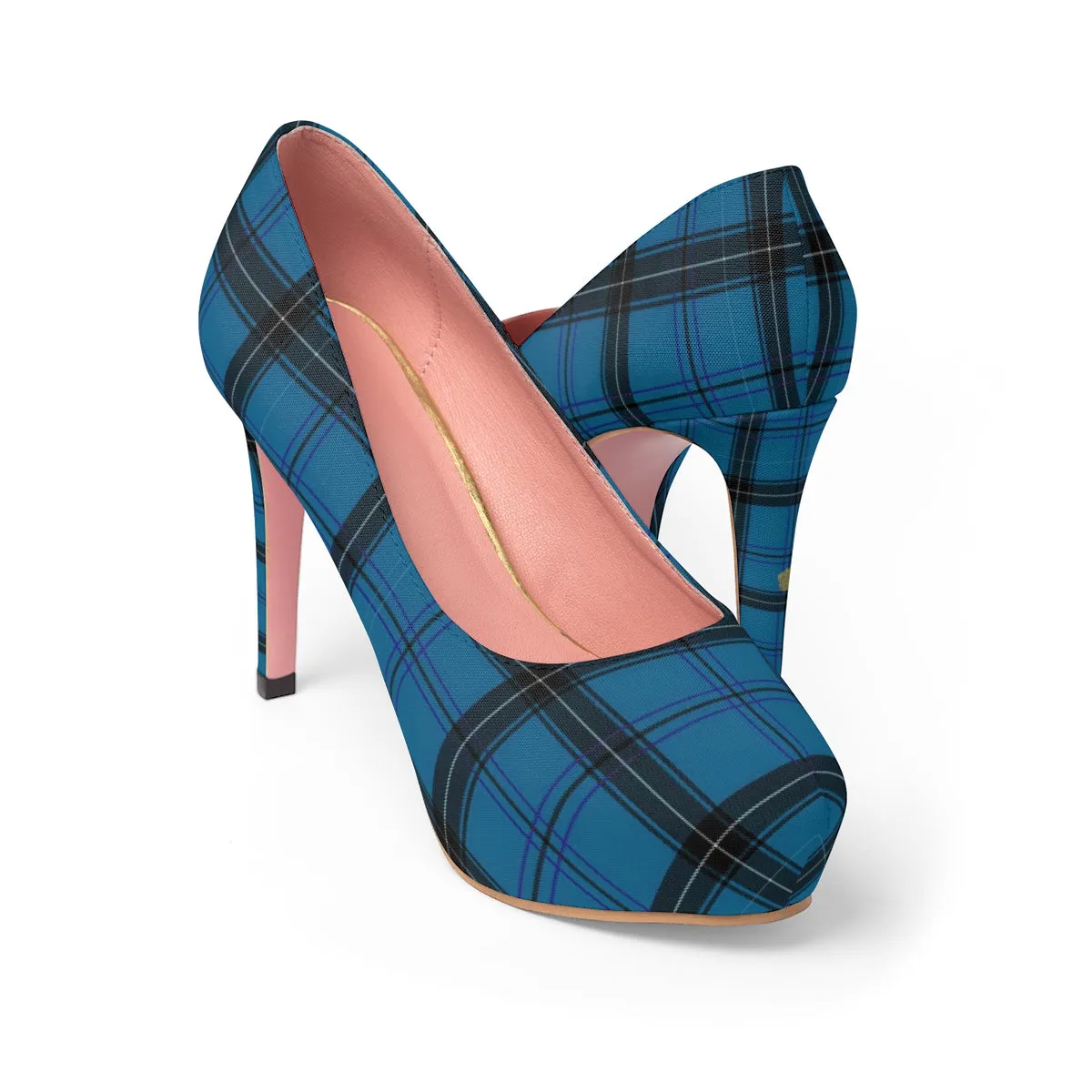 Light Blue Tartan Scottish Plaid Print Women's Platform Heels Pumps (US Size: 5-11)