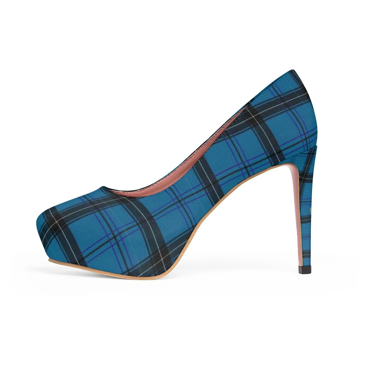 Light Blue Tartan Scottish Plaid Print Women's Platform Heels Pumps (US Size: 5-11)