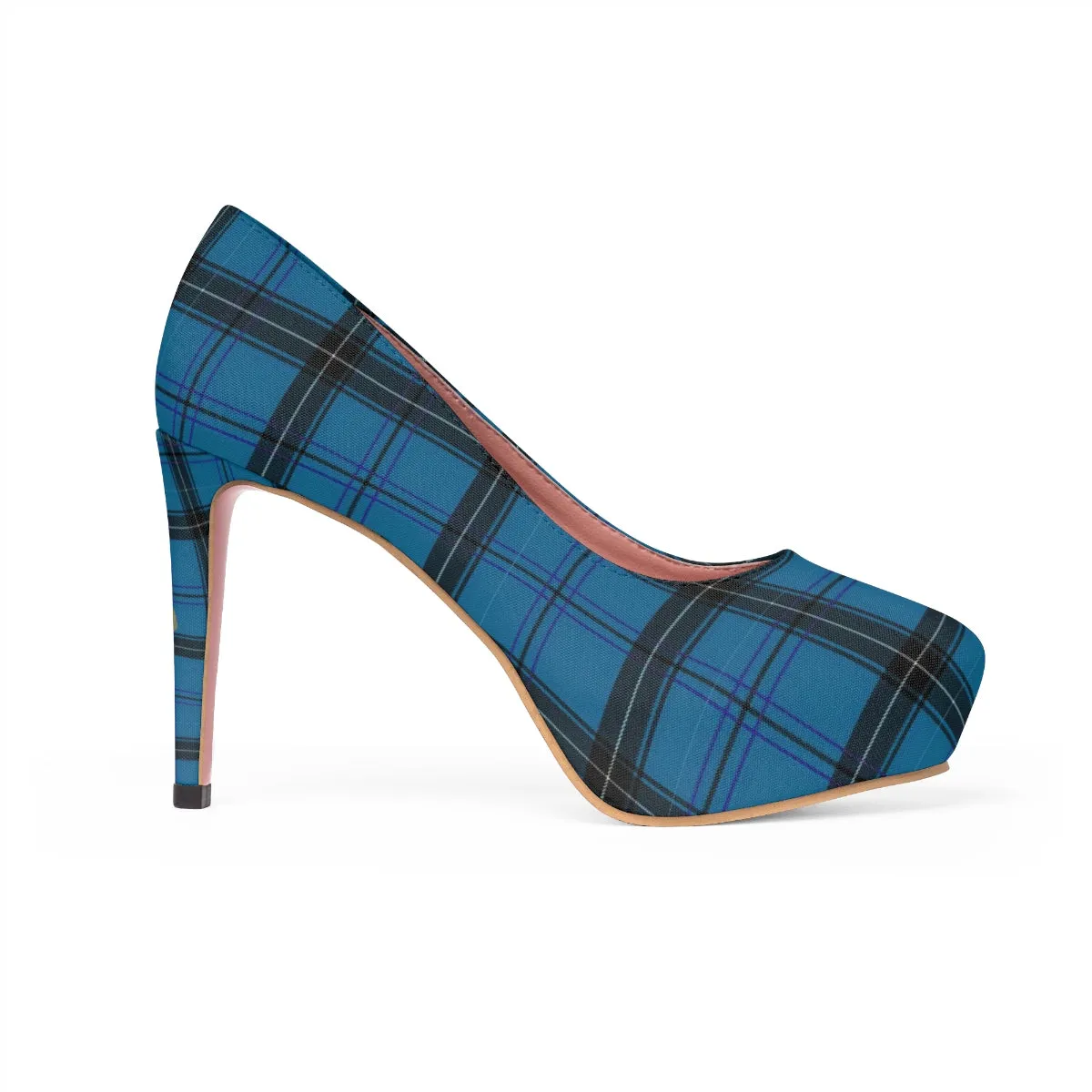 Light Blue Tartan Scottish Plaid Print Women's Platform Heels Pumps (US Size: 5-11)