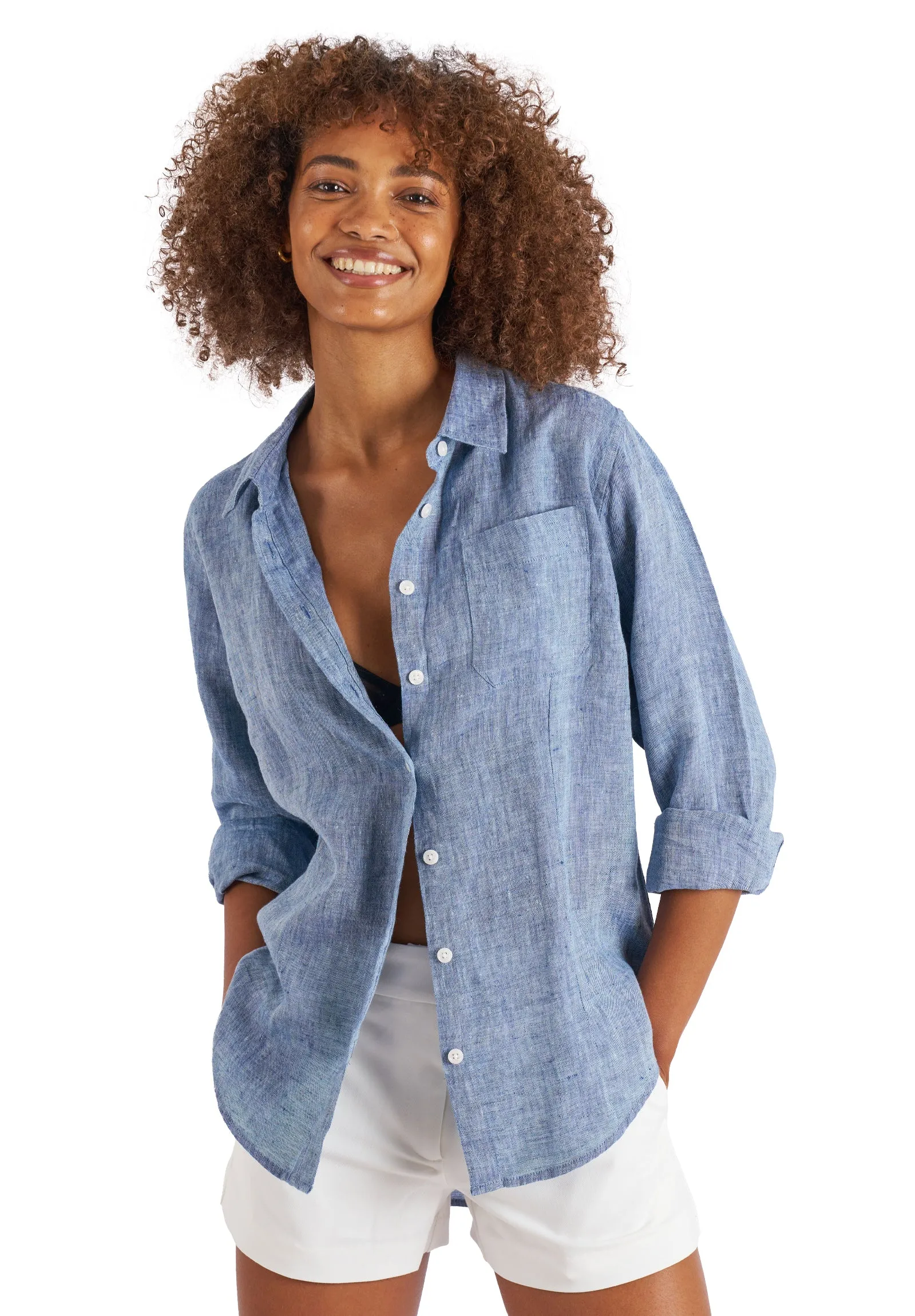 Lina Blue Melange Slim-Fit Linen Shirt