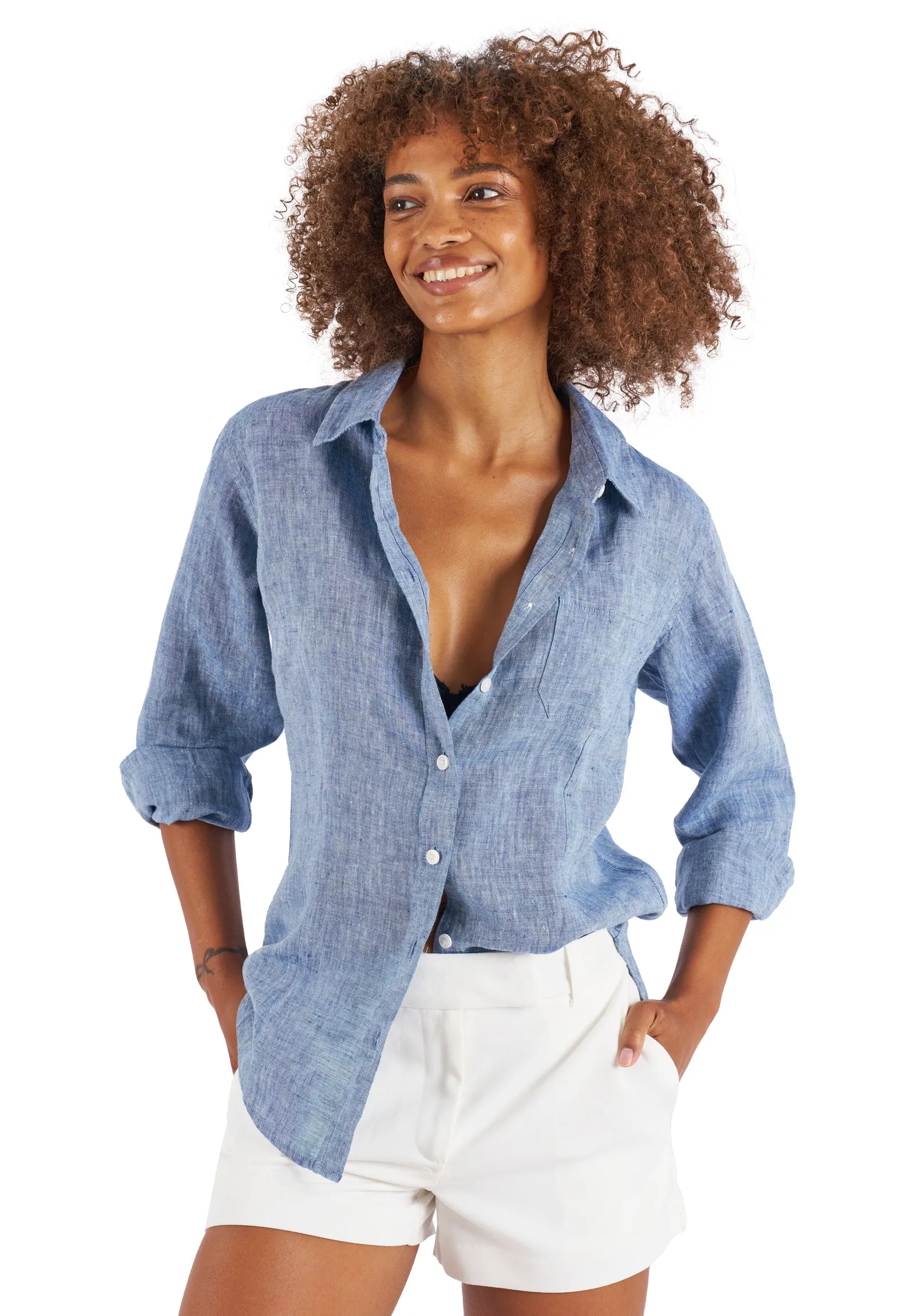 Lina Blue Melange Slim-Fit Linen Shirt