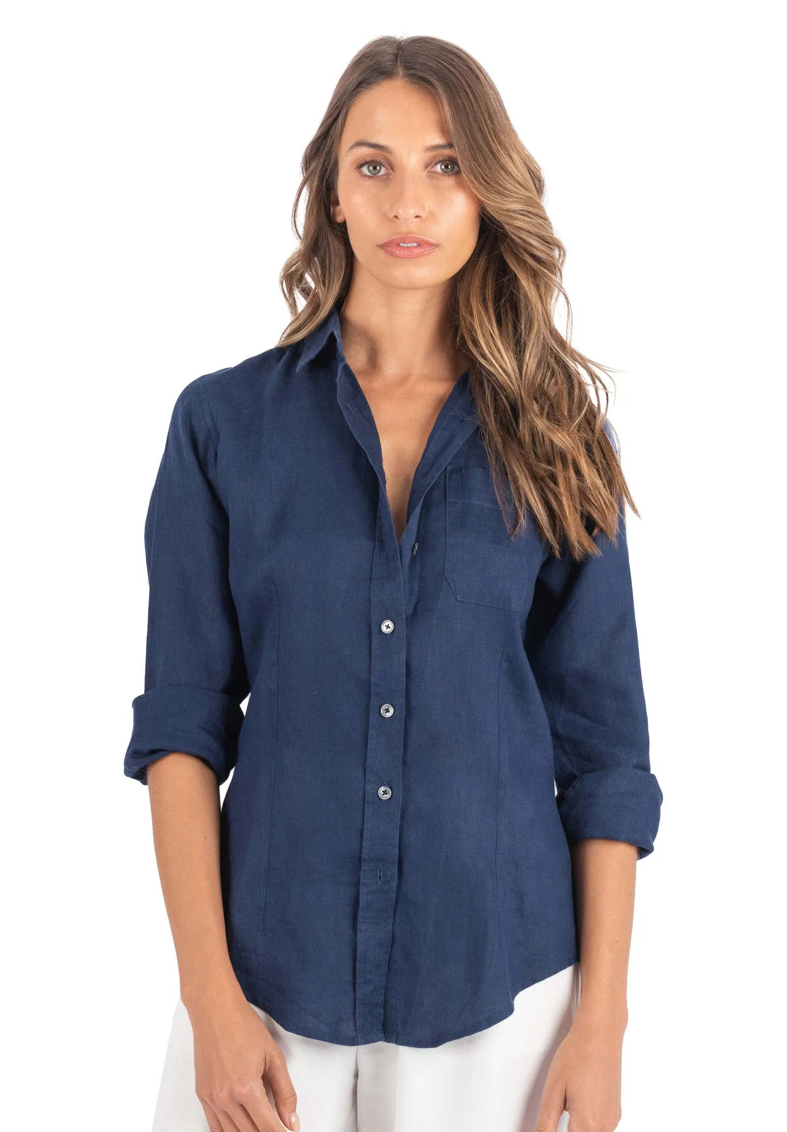 Lina Navy Blue Slim-Fit Linen Shirt