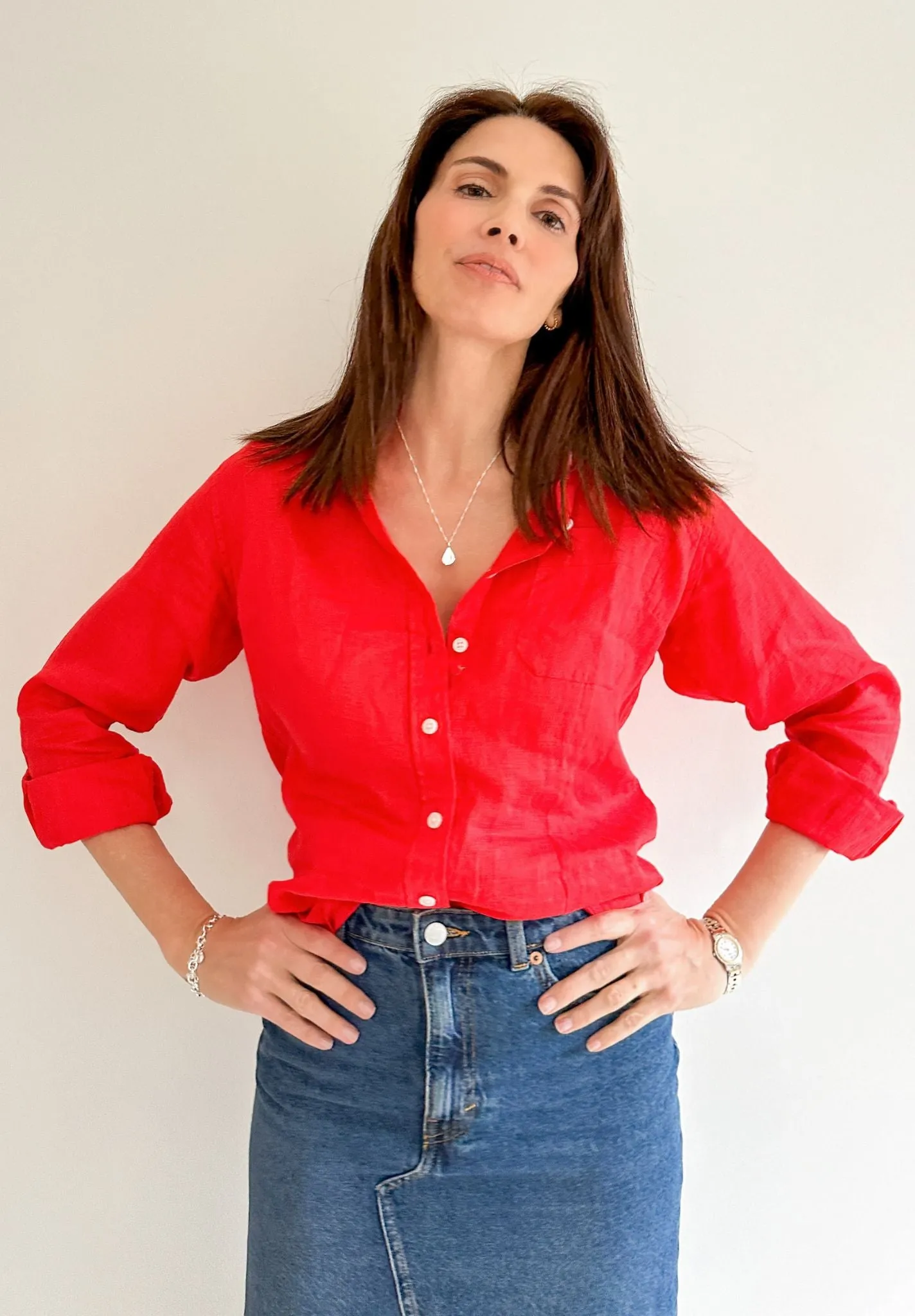 Lina Red Slim-Fit Linen Shirt