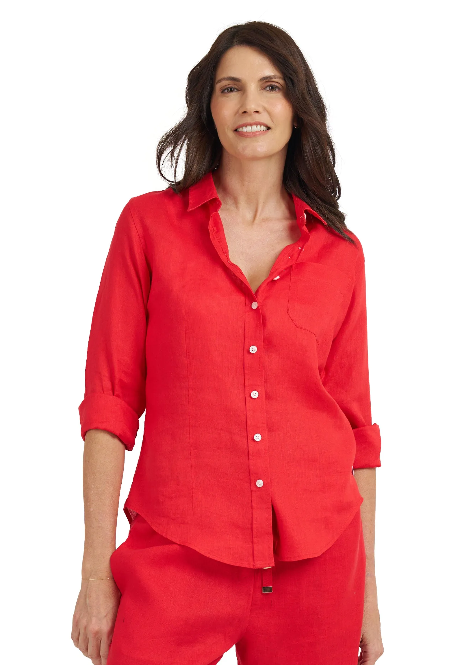 Lina Red Slim-Fit Linen Shirt