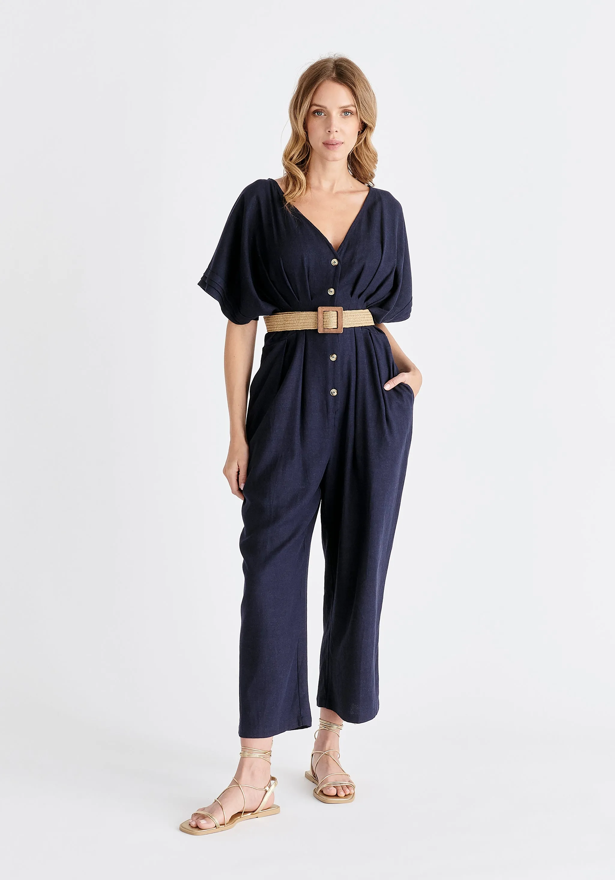 Linen Blend Button Jumpsuit