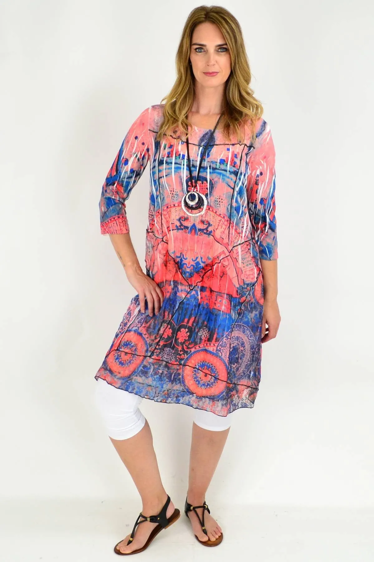 Long Peach Abstract Lace Trim Tunic Dress