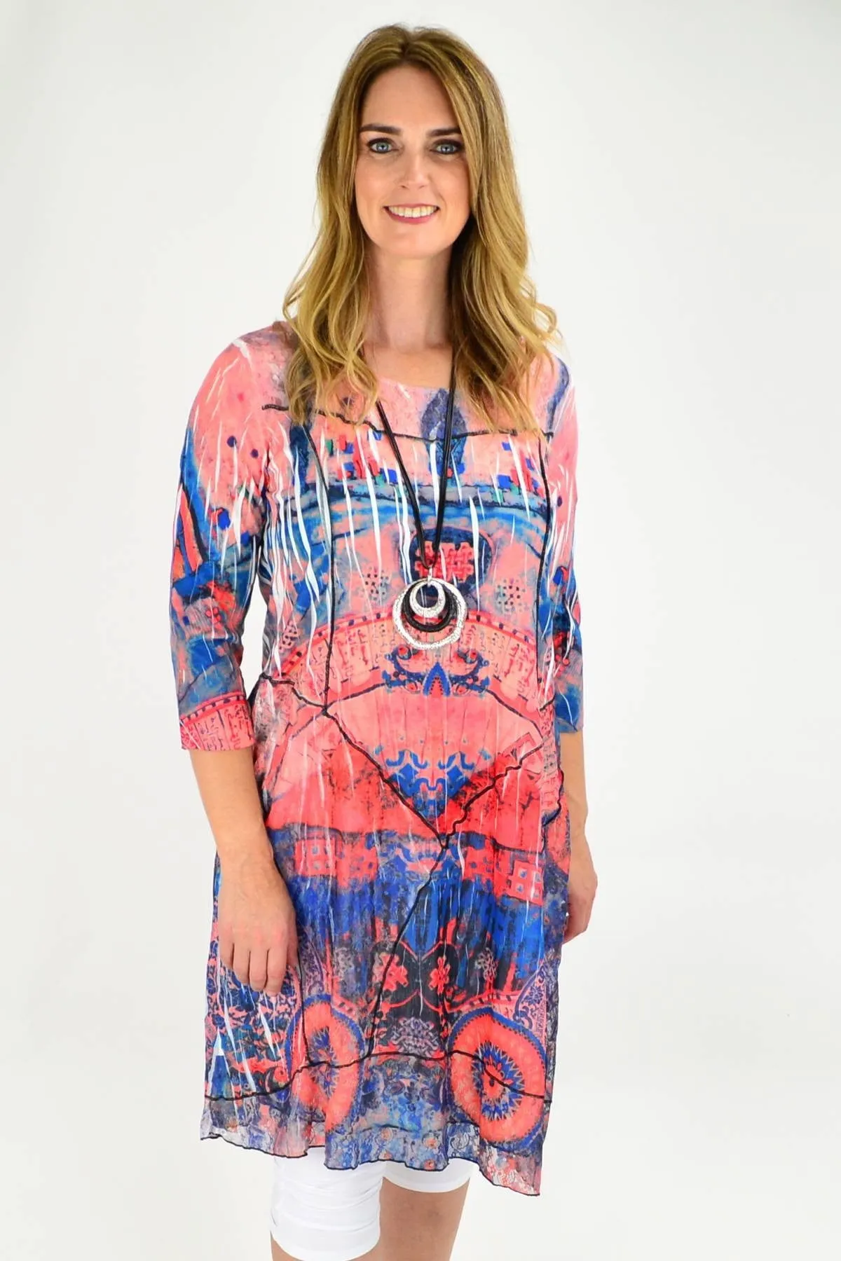 Long Peach Abstract Lace Trim Tunic Dress