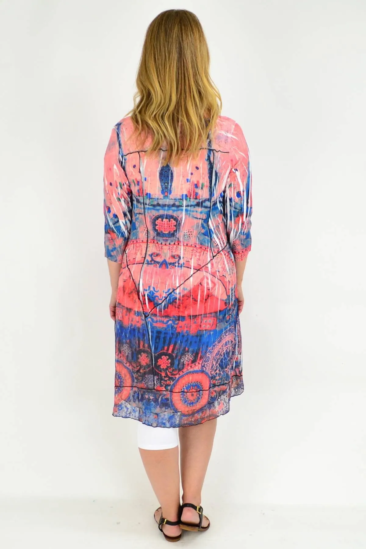 Long Peach Abstract Lace Trim Tunic Dress