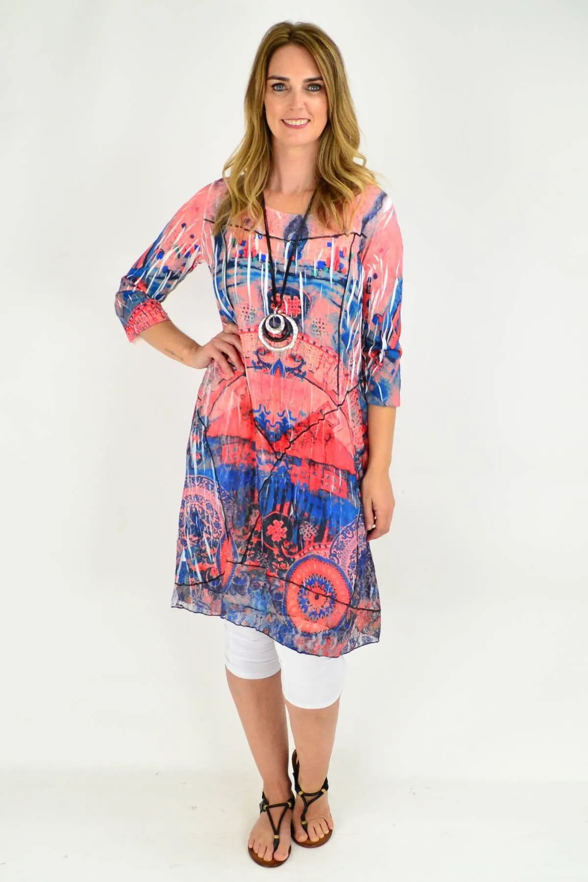 Long Peach Abstract Lace Trim Tunic Dress