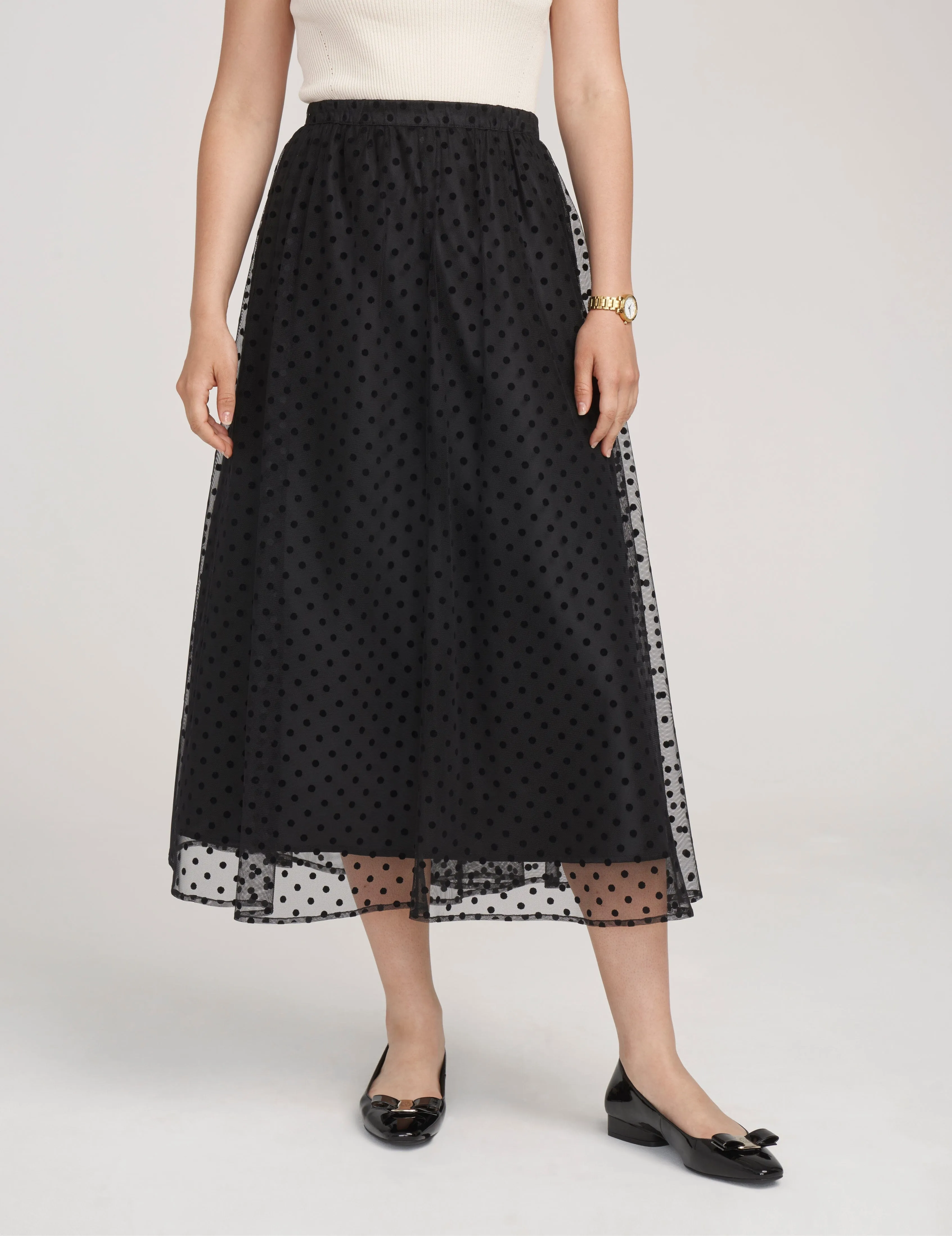 Mesh Flocked Dot Pull On A-Line Skirt- Sale