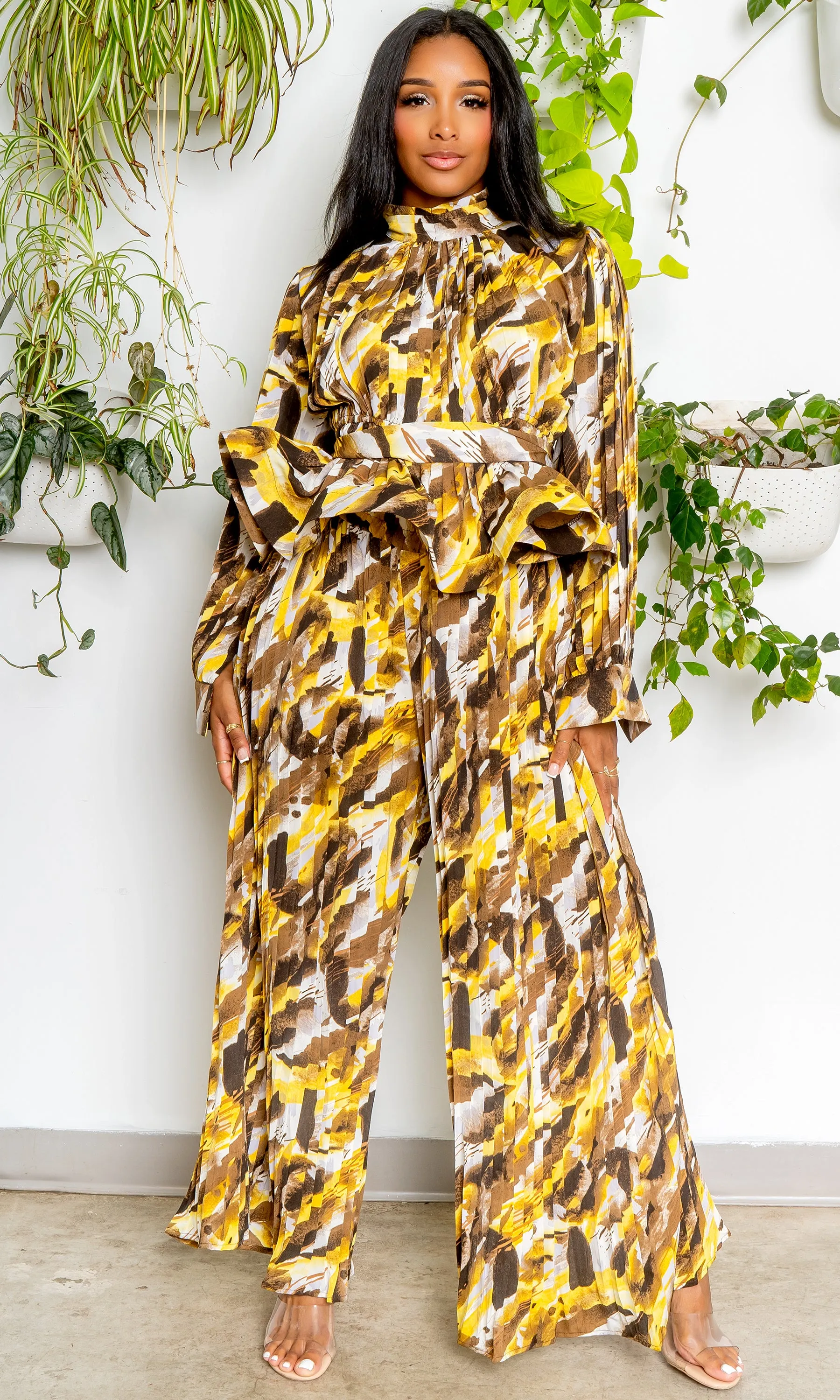 Multicolored Pleated Set - Mustard