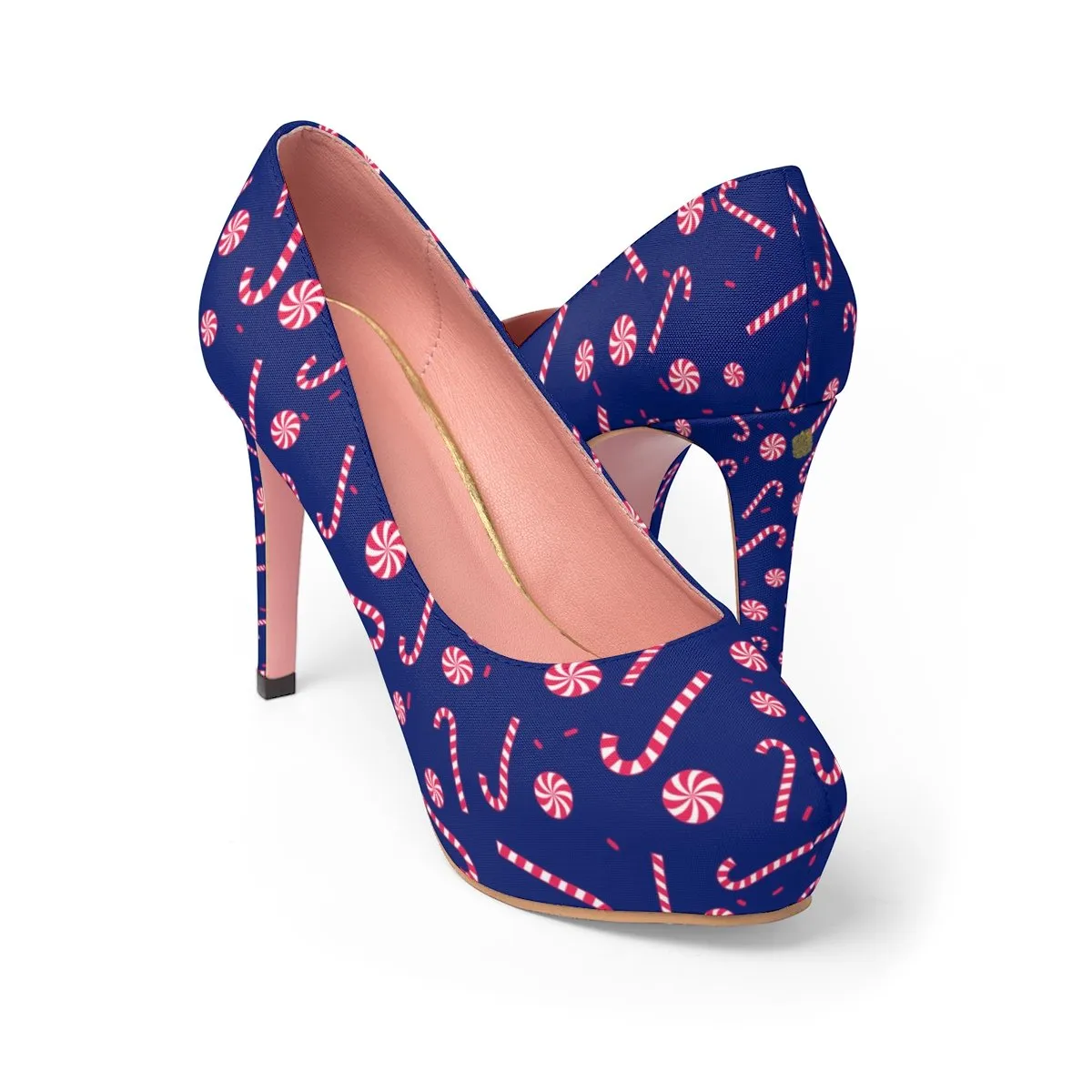 Navy Blue Red White Christmas Candy Cane Print Festive Women's Platform Heels