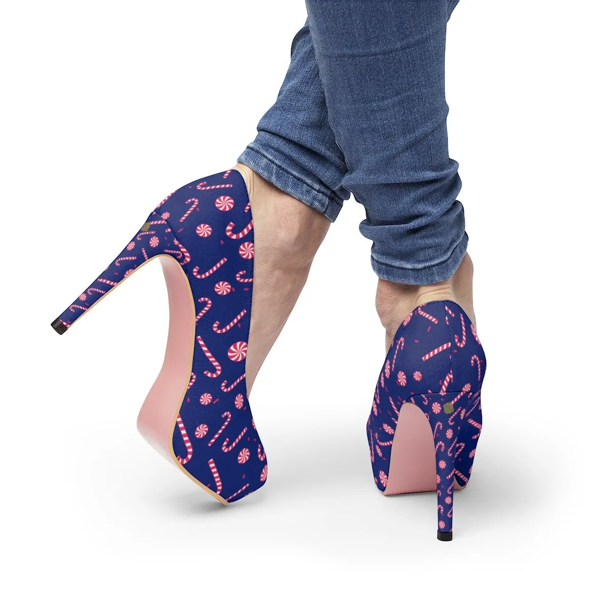 Navy Blue Red White Christmas Candy Cane Print Festive Women's Platform Heels