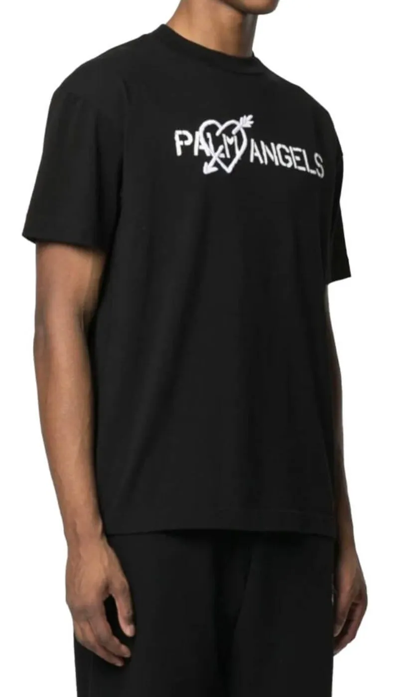 Palm Angels Pierced Heart Logo-Print T-Shirt Black