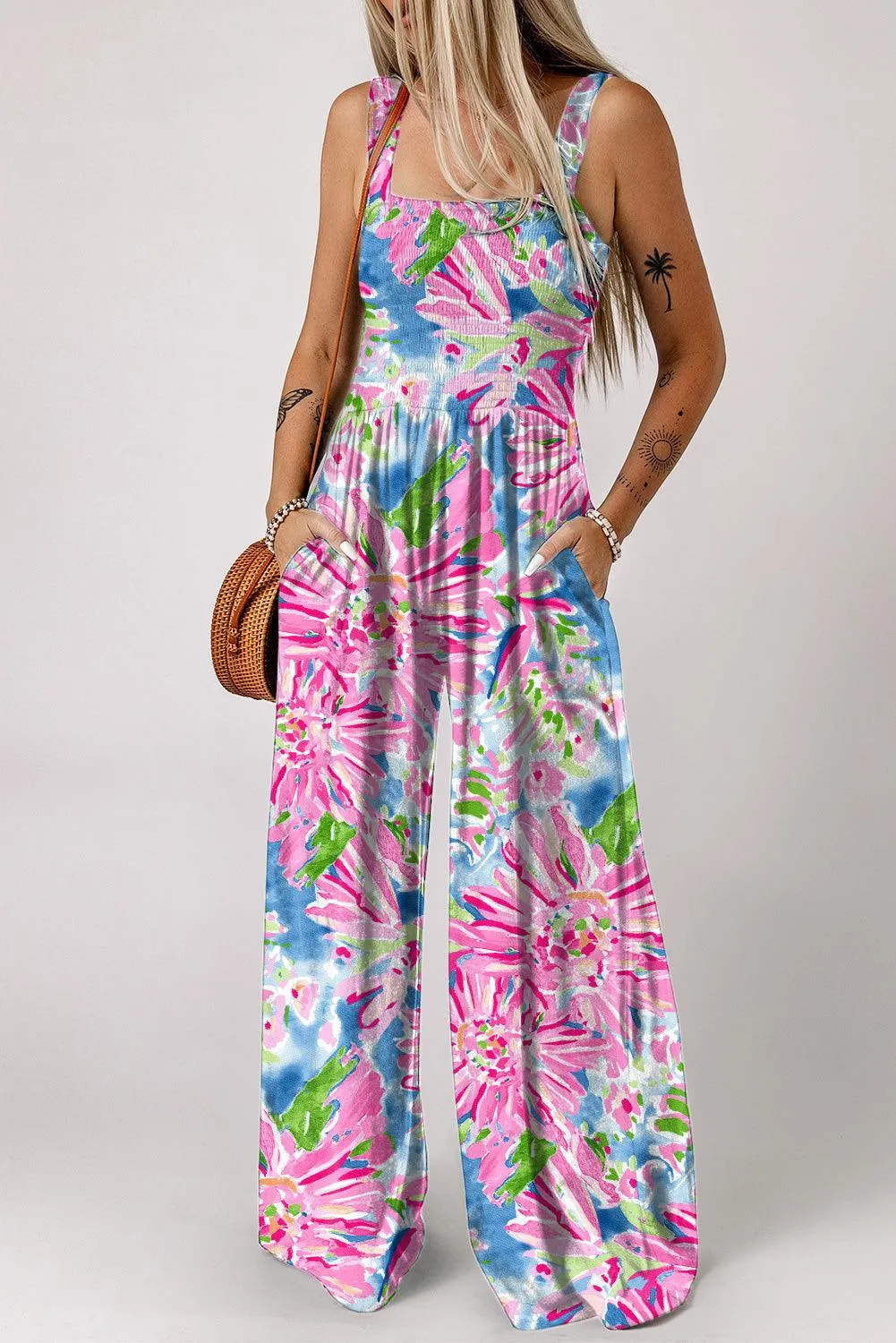 Pink Abstract Floral Painting Smocked Wide Leg Pink Jumpsuit