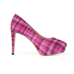 Pink Tartan Scottish Heels, Plaid Print Women's Platform Heels Stiletto Pumps (US Size: 5-11)