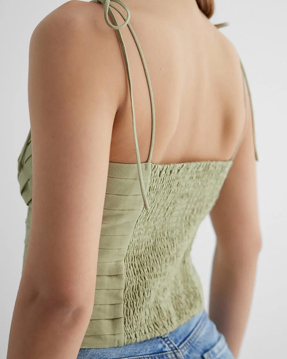 Pleated Linen-Blend Tie Strap Cami in Elm