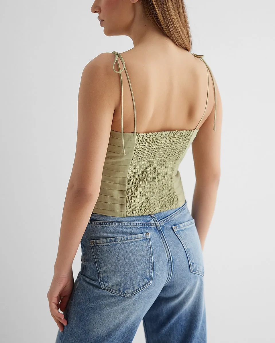 Pleated Linen-Blend Tie Strap Cami in Elm