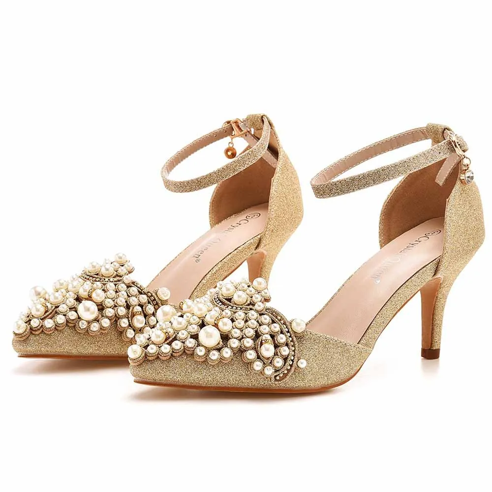 Pointed Toe Gold Rhinestone Pearl Low Heels Wedding Shoes