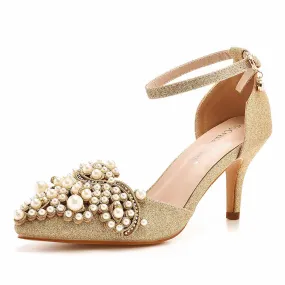 Pointed Toe Gold Rhinestone Pearl Low Heels Wedding Shoes