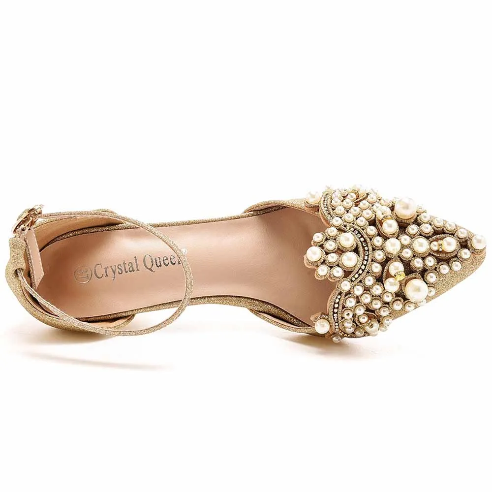 Pointed Toe Gold Rhinestone Pearl Low Heels Wedding Shoes