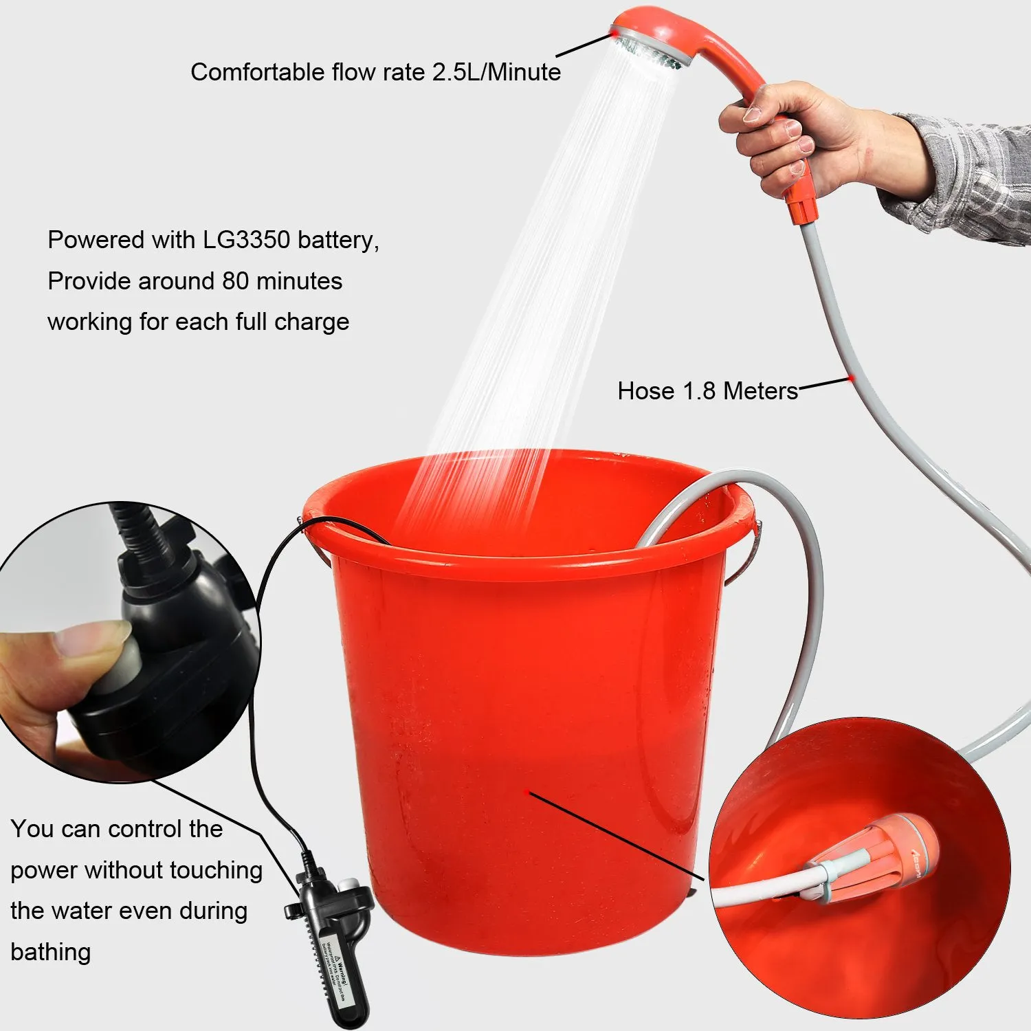 Portable Camping Shower with USB Rechargeable Battery for Outdoor Camping, Hiking