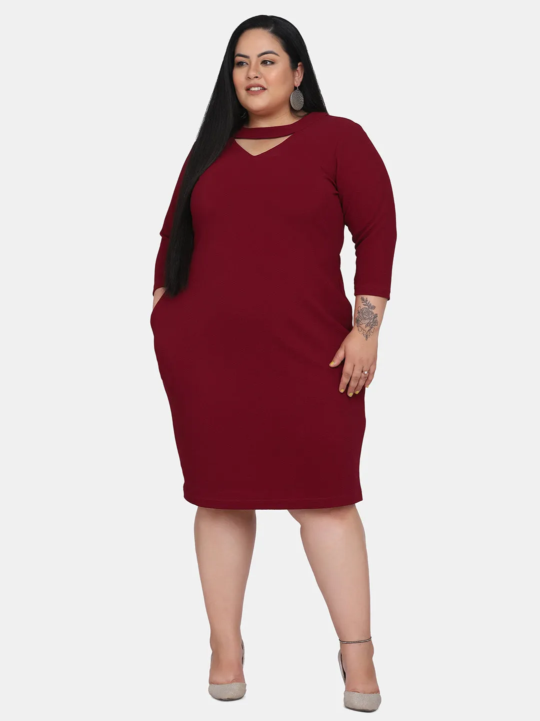 PowerSutra Plus Size V-Neck Knit Stretch Dress - Maroon