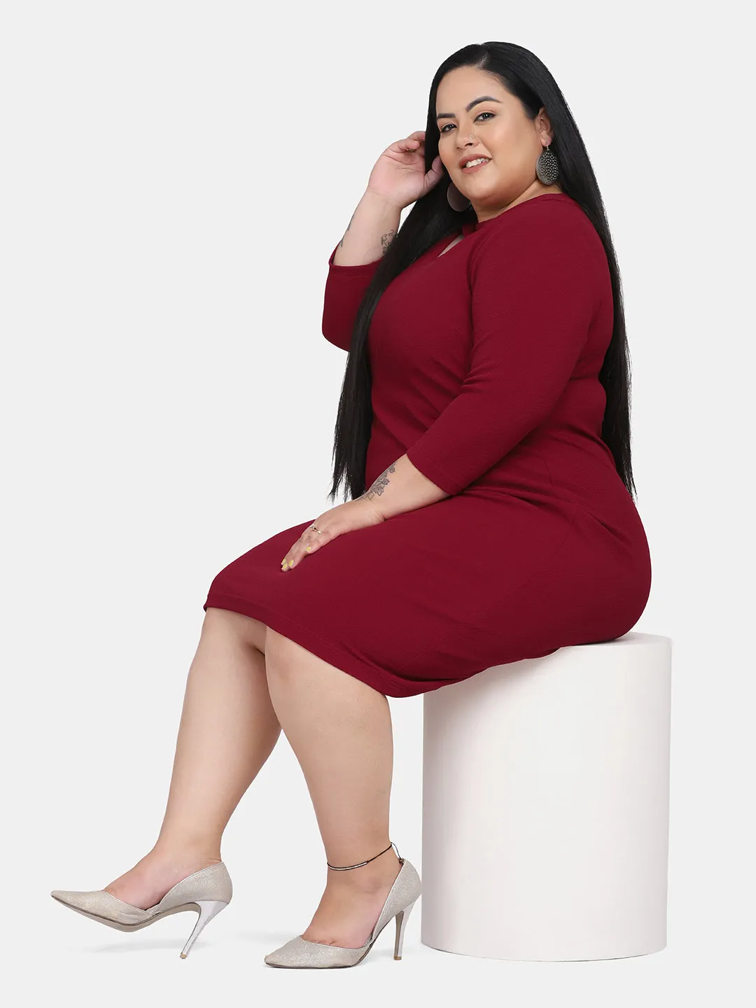 PowerSutra Plus Size V-Neck Knit Stretch Dress - Maroon