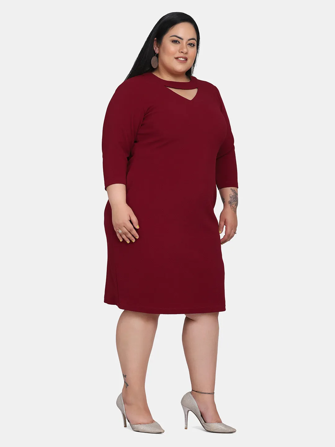 PowerSutra Plus Size V-Neck Knit Stretch Dress - Maroon