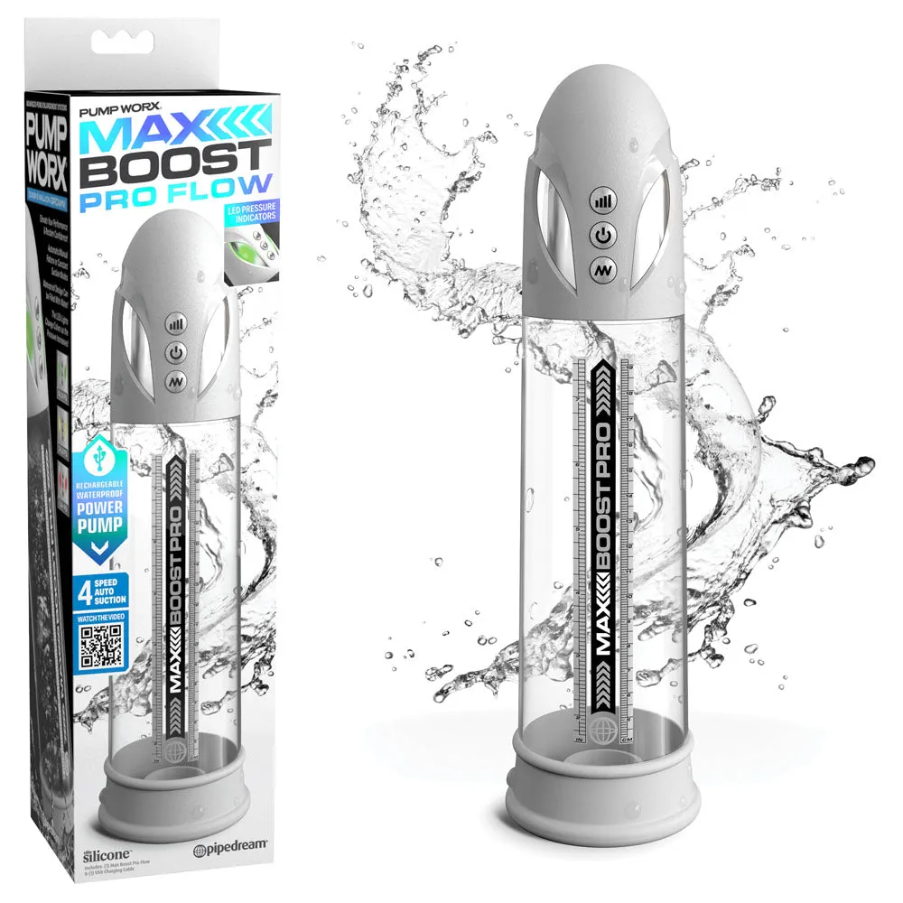 Pump Worx Max Boost Pro Flow - White - White/Clear USB Rechargeable Waterproof Auto Penis Pump