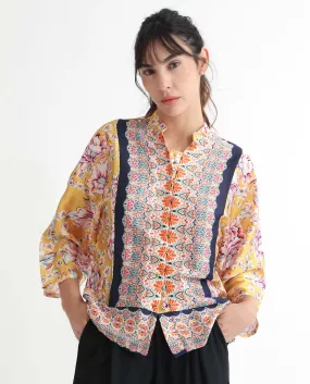 Rareism Women Falke Yellow Polyester Fabric 3/4Th Sleeves Button Closure Mandarin Collar Kimono Sleeve Regular Fit Floral Print Knee Top