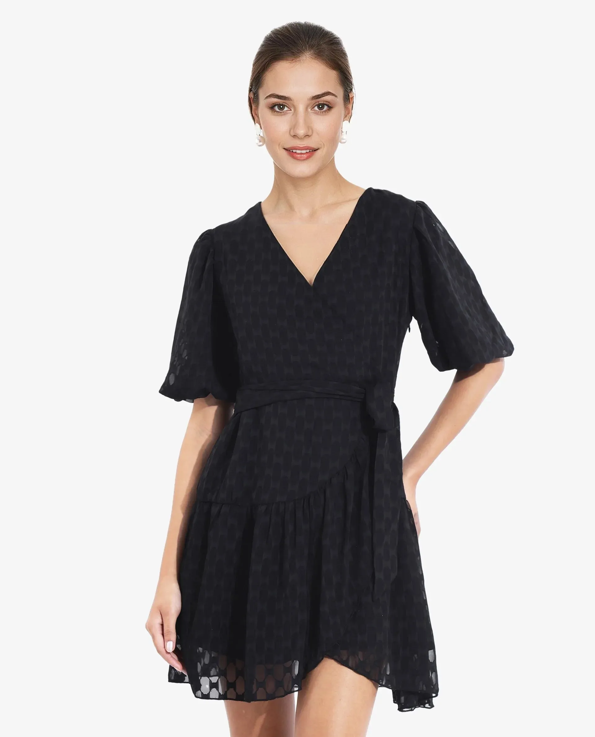 Rareism Women Namika Black Balloon Sleeve Over Lap Neck Zipper Closure Plain Mini Dress